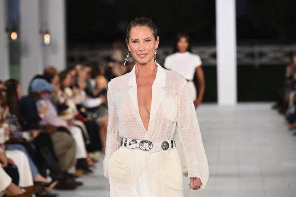 US model Christy Turlington walking the runway at the Ralph Lauren Spring/Summer 2025 collection in Bridgehampton, New York.