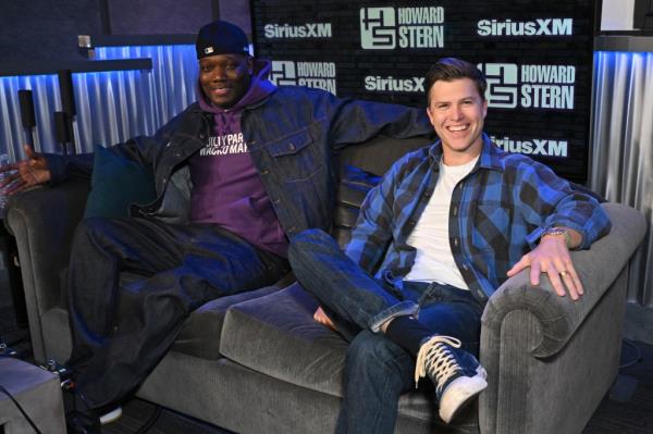 Michael Che and Colin Jost visit SiriusXM's 'The Howard Stern Show' at SiriusXM Studios on September 09, 2024